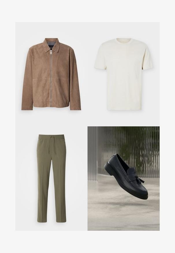 Veste en daim marron avec col, fermeture zippée à l'avant et manches longues. Le tissu a une texture lisse et présente peu de coutures.; T-shirt à manches courtes couleur blanc cassé uni avec col rond et logo discret sur le côté gauche de la poitrine, présenté sur un fond blanc uni.; Pantalons légers couleur vert olive avec une taille élastique et un cordon de serrage réglable ; design à jambe droite et texture lisse.; Mocassins en cuir noir avec une texture lisse, un bout arrondi et des pampilles décoratives à l'avant. Semelle en caoutchouc flexible avec un petit talon.