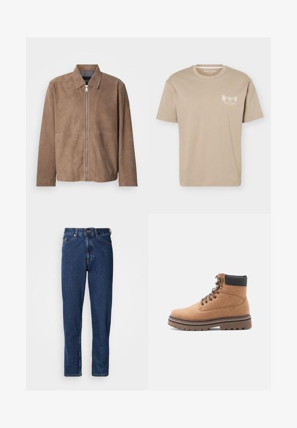 Veste en daim marron avec col, fermeture zippée à l'avant et manches longues. Le tissu a une texture lisse et présente peu de coutures.; T-shirt beige à manches courtes avec col rond, présentant de petits motifs d'insectes et le logo "Marc O'Polo" sur la poitrine gauche.; Jean bleu foncé en denim, avec une coupe droite, style cinq poches et des coutures apparentes le long des coutures.; Botte de randonnée en cuir tan avec col rembourré noir, œillets en métal, lacets bruns et semelle épaisse à crampons bruns sur fond blanc.