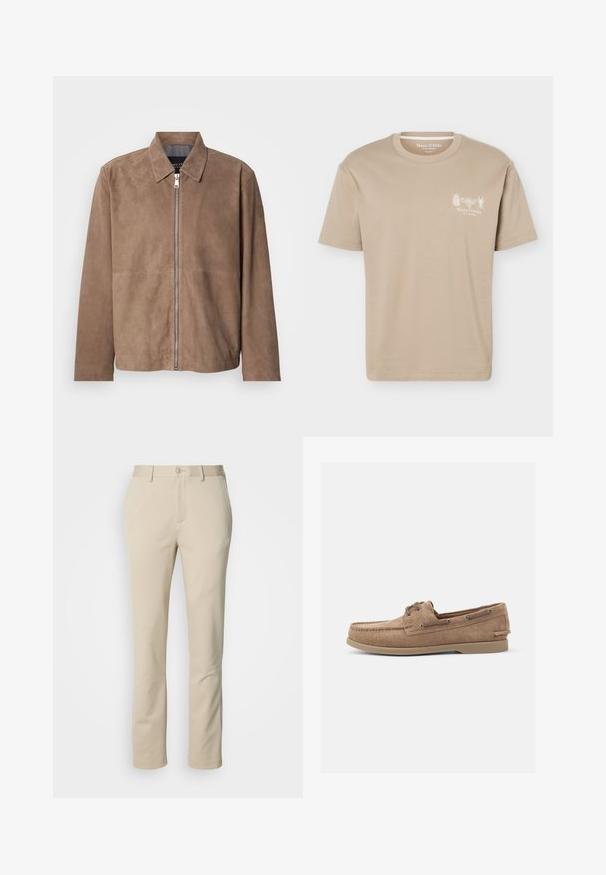 Veste en daim marron avec col, fermeture zippée à l'avant et manches longues. Le tissu a une texture lisse et présente peu de coutures.; T-shirt beige à manches courtes avec col rond, présentant de petits motifs d'insectes et le logo "Marc O'Polo" sur la poitrine gauche.; Pantalons en coton beige avec une coupe droite, fermeture à bouton et devant plat. Le matériau a une texture lisse et un minimum de détails.; Mocassins en daim de couleur beige avec un design de mocassin, dotés d'œillets en métal et d'une semelle en caoutchouc. Aucune motif ou accent visible.