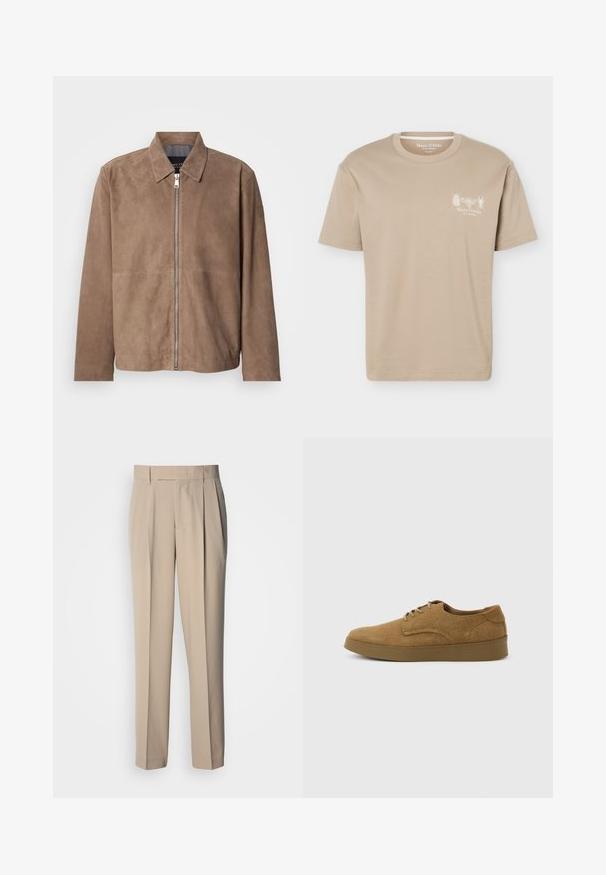 Veste en daim marron avec col, fermeture zippée à l'avant et manches longues. Le tissu a une texture lisse et présente peu de coutures.; T-shirt beige à manches courtes avec col rond, présentant de petits motifs d'insectes et le logo "Marc O'Polo" sur la poitrine gauche.; Pantalon beige taille haute à plis, coupe droite, avec une texture lisse et sans ornements ni motifs visibles.; Chaussure décontractée à lacets en daim marron avec semelle en caoutchouc plate, vue de côté sur un fond clair uni.