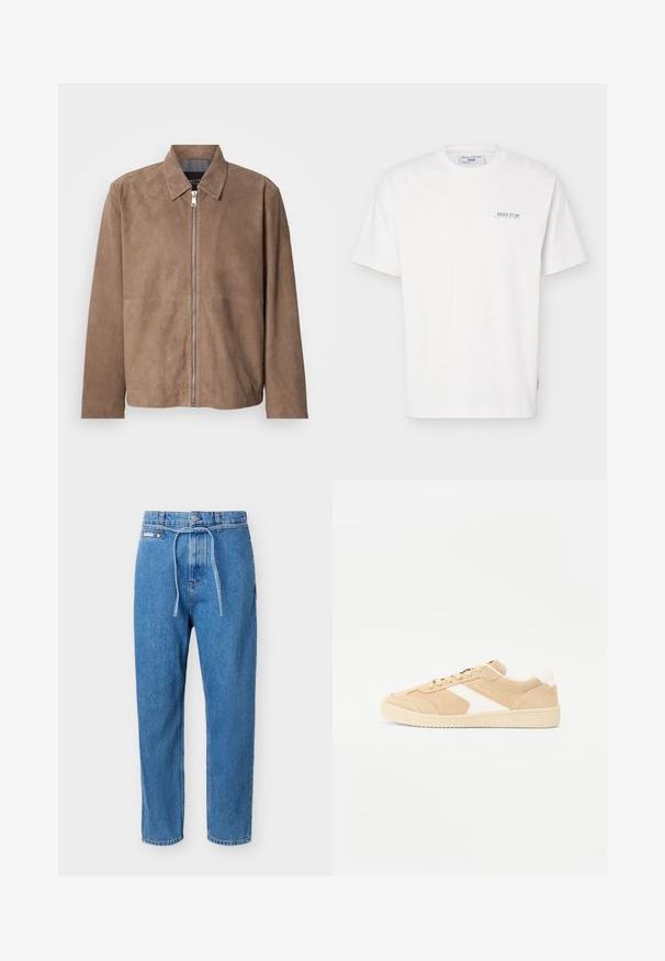 Brun ruskindsjakke med krave, lynlås foran og lange ærmer. Stoffet har en glat tekstur og få syninger.; Hvid T-shirt med korte ærmer og rund hals, med lille grøn tekst "JUICE IT UP Marc O'Polo Denim" på venstre bryst.; Blå denimjeans med lige ben, høj talje, forreste knap, lynlåslukning og et tyndt denimbælte bundet i taljen.; Beige ruskind sneakers med hvide detaljer, rund tå og snørebåndslukning. Tekstureret overdel og gummisål med diskret branding.