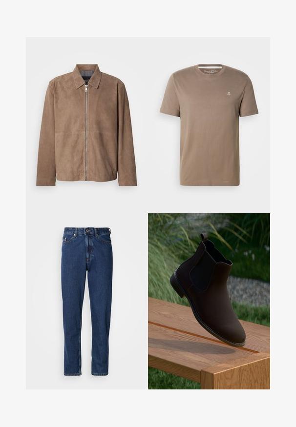 Veste en daim marron avec col, fermeture zippée à l'avant et manches longues. Le tissu a une texture lisse et présente peu de coutures.; T-shirt en coton taupe à manches courtes avec col rond et petit logo blanc "M OP" sur la partie supérieure gauche de la poitrine, signé Marc O'Polo.; Jean bleu foncé en denim, avec une coupe droite, style cinq poches et des coutures apparentes le long des coutures.; Botte cheville en cuir marron avec des panneaux élastiques sur les côtés, bout rond, petit talon et une languette pour un enfilage facile, reposant sur une surface en bois.