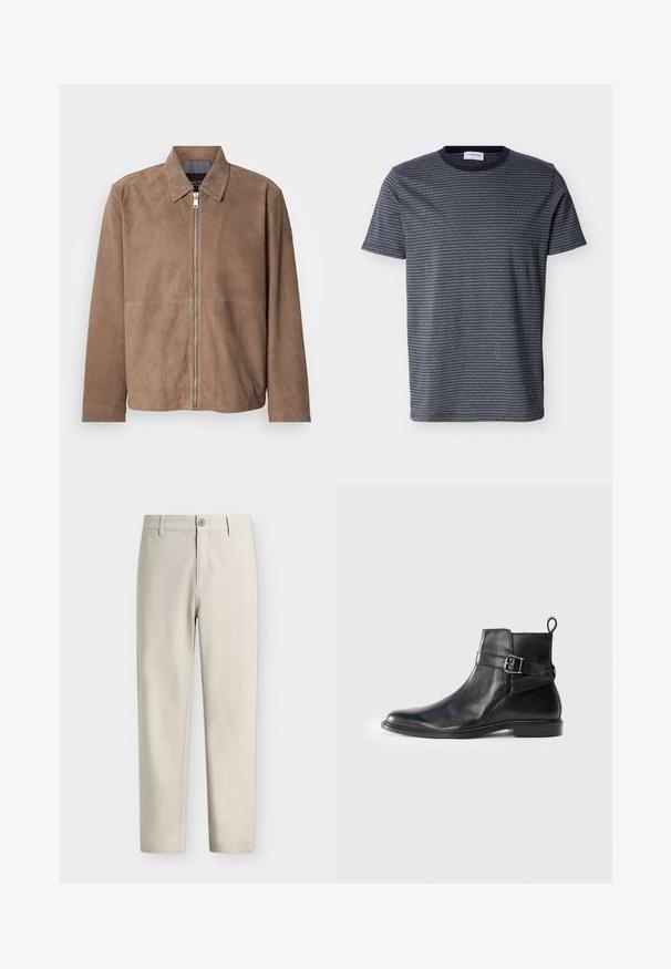 Brun ruskindsjakke med krave, lynlås foran og lange ærmer. Stoffet har en glat tekstur og få syninger.; Herre T-shirt med korte ærmer, navyblå med tynde hvide horisontale striber og rundt navyblåt halsudskæring.; Lyse beige bukser med lige ben med knap- og lynlåslukning samt bæltestropper, vist på en ensfarvet hvid baggrund.; Sorte læder ankelstøvler med rund tå, sidespænde detaljer og en løkkerings på hælen. Flad sål med en subtil glansfinish.