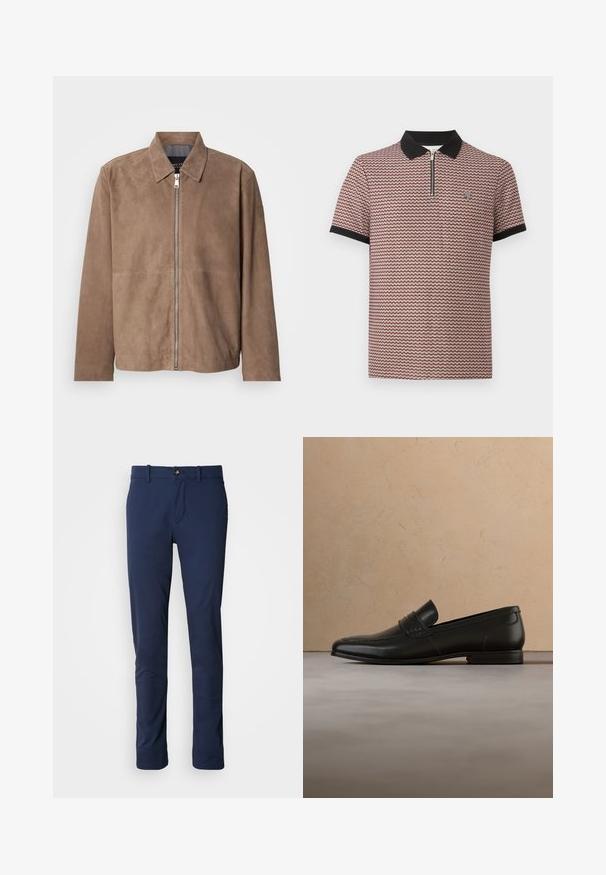 Brun ruskindsjakke med krave, lynlås foran og lange ærmer. Stoffet har en glat tekstur og få syninger.; Kortærmet polo med sort krave og manchetter, bordeaux og hvidt småt geometrisk mønster og lynlåsdetalje foran.; Mørkeblå bukser lavet af glat stof, med design i lige ben, lynlås i front og en enkelt forlommmepose med knaplukning.; Sort læderloafer vist i luften over en beige tæppe med en beige sofa i baggrunden.