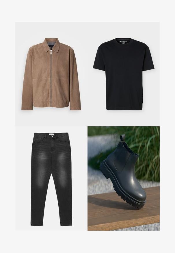 Bruine suède jas met een kraag, een rits aan de voorkant en lange mouwen. De stof heeft een gladde textuur en bevat minimale naden.; Zwart T-shirt met korte mouwen, ronde hals, een relaxte pasvorm en Marc O’Polo branding aan de binnenkant van de kraag, op een effen achtergrond.; Zwarte spijkerbroek van denim met een vervaagde wassing, hoge taille, vijf-pocket ontwerp en zilveren hardware. Rechte pijpen met contrasterende stiksels.; Zwarte rubberen enkelboot met een gestructureerde afwerking, dikke, getreadde zool, elastische zijpanelen en een trekband aan de achterkant, rustend op een houten oppervlak.