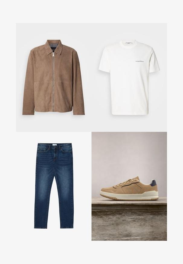 Veste en daim marron avec col, fermeture zippée à l'avant et manches longues. Le tissu a une texture lisse et présente peu de coutures.; T-shirt en coton blanc avec un col rond et des manches courtes. Présente un petit texte de logo noir sur le côté gauche de la poitrine.; Jean slim-fit bleu foncé avec des détails délavés, design classique à cinq poches, fermeture à bouton et passants de ceinture.; Baskets en suède beige avec semelle en caoutchouc blanc, dotées de lacets beiges, d'accents bleu marine et de détails perforés sur la boîte à orteils.