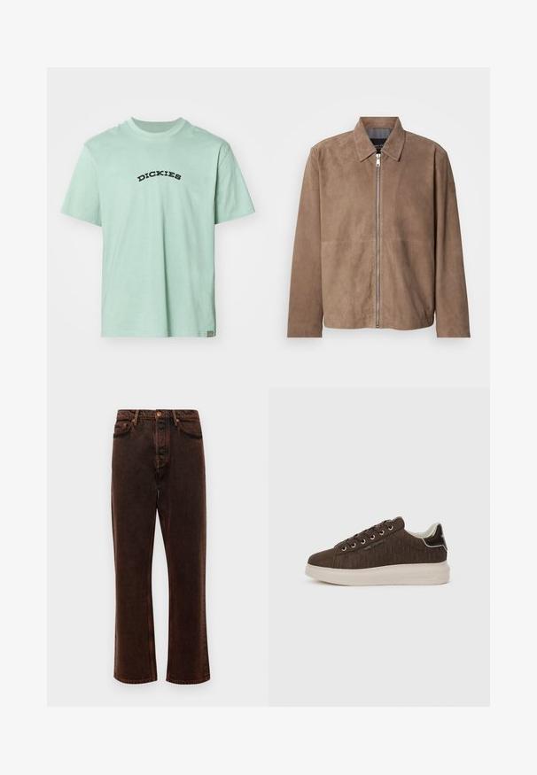 Chaqueta de ante marrón con cuello, cremallera frontal y mangas largas. La tela tiene una textura suave y presenta costuras mínimas.; Camiseta de algodón verde claro con un logo en negro en forma curva de "DICKIES" en el frente. Cuello redondo clásico y mangas cortas. Diseño minimalista.; Jeans de denim marrón con corte recto, diseño de cinco bolsillos y cierre clásico de botón. La tela tiene un acabado liso y texturizado.; Zapatillas marrones con un patrón texturizado, que cuentan con una puntera lisa, ojales metálicos y suela de goma blanca. Logo en el lateral y en el talón.
