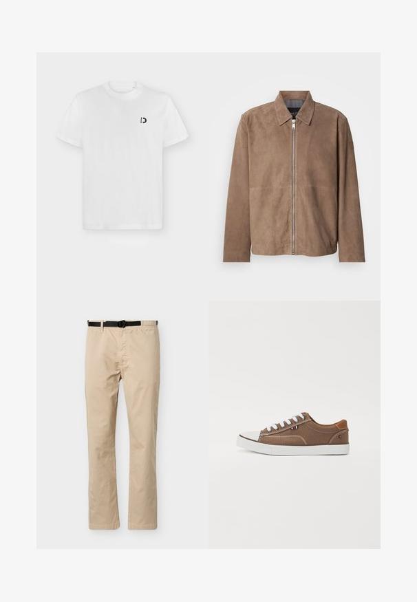 Veste en daim marron avec col, fermeture zippée à l'avant et manches longues. Le tissu a une texture lisse et présente peu de coutures.; T-shirt blanc à manches courtes et col rond avec petit logo "D" noir sur la poitrine gauche, sur fond gris clair uni.; Pantalon beige à jambes droites avec ceinture noire ajustable, taille élastique d'un côté et couture décorative à l'avant.; Baskets en toile brunes avec lacets blancs, embout en caoutchouc et accents contrastants beige sur le talon, présentant un petit emblème tricolore.