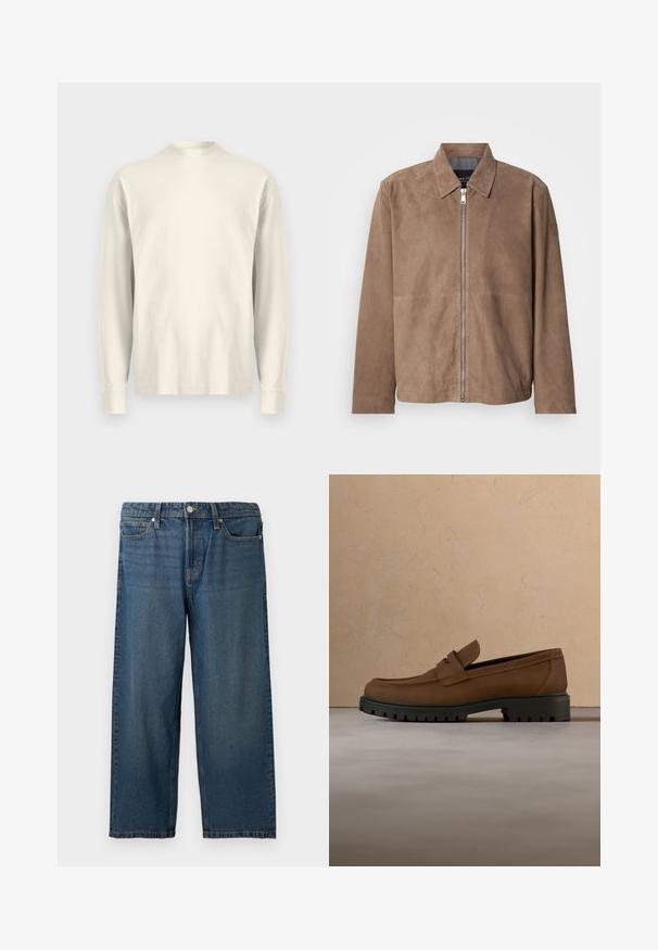 Bruine suède jas met een kraag, een rits aan de voorkant en lange mouwen. De stof heeft een gladde textuur en bevat minimale naden.; Langsleeve, shirt met hoge kraag van lichtroom katoen. Gladde textuur, relaxed fit, minimalistisch ontwerp, geen zichtbare patronen of accenten.; Blauwe denim wijde broek met knoop- en ritsluiting aan de voorkant, riemlussen en vijf zakken, weergegeven op een eenvoudige lichte achtergrond.; Donkerbruine leren loafer met dikke zwarte rubberen zool, getoond boven een beige tapijt en bankachtergrond.