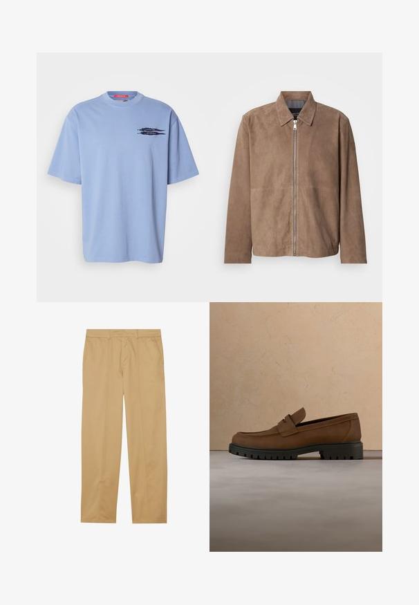 Brun ruskindsjakke med krave, lynlås foran og lange ærmer. Stoffet har en glat tekstur og få syninger.; Lyseblå t-shirt med korte ærmer lavet af bomuld. Har en rund halsudskæring og et sort grafisk motiv af pile på den venstre brystområde.; Khaki bukser lavet af glat stof, med lige ben-design, to forlommer og rene, minimalistiske syninger.; Mørkebrune læderloafer med tyk sort gummisål vist over en beige tæppe- og sofa baggrund.