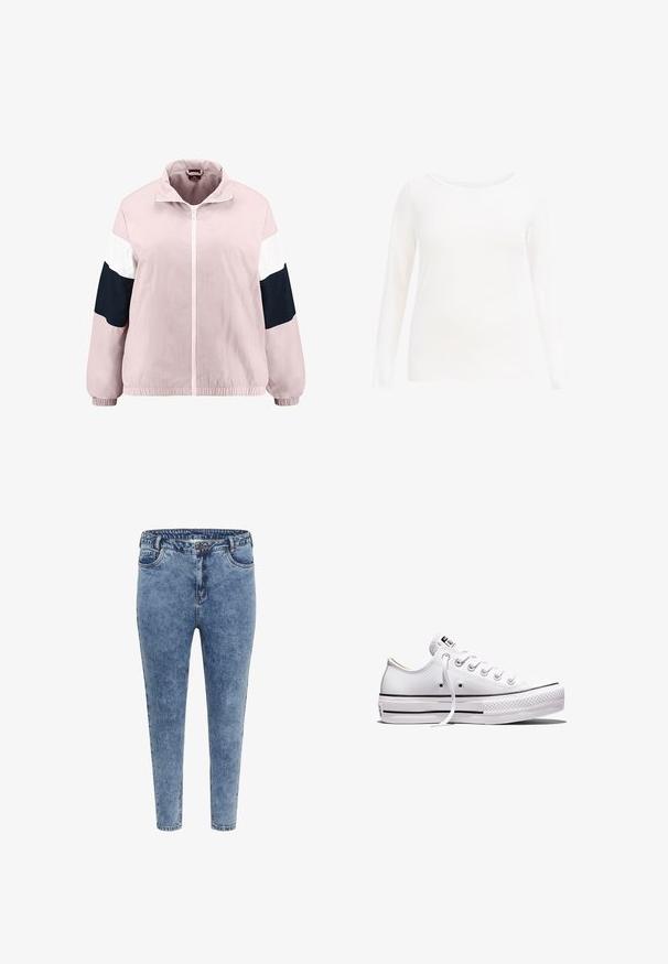 Veste coupe-vent rose pâle avec coloris bloqués en blanc et bleu marine. Dotée d'une fermeture éclair à l'avant, d'un col, de poignets élastiques et d'une taille élastique. Tissu lisse et léger.; Chemise blanche à manches longues avec un col rond, fabriquée en tissu léger et doux. Présente un design simple sans motifs ni accents.; Jean skinny en denim bleu avec taille haute, cinq poches et fermeture éclair. Le tissu a une texture légèrement décolorée avec des coutures contrastantes.; Baskets basses en toile blanche avec lacets blancs, semelle en caoutchouc, détails à rayures noires, et écusson logo sur la languette et le talon.