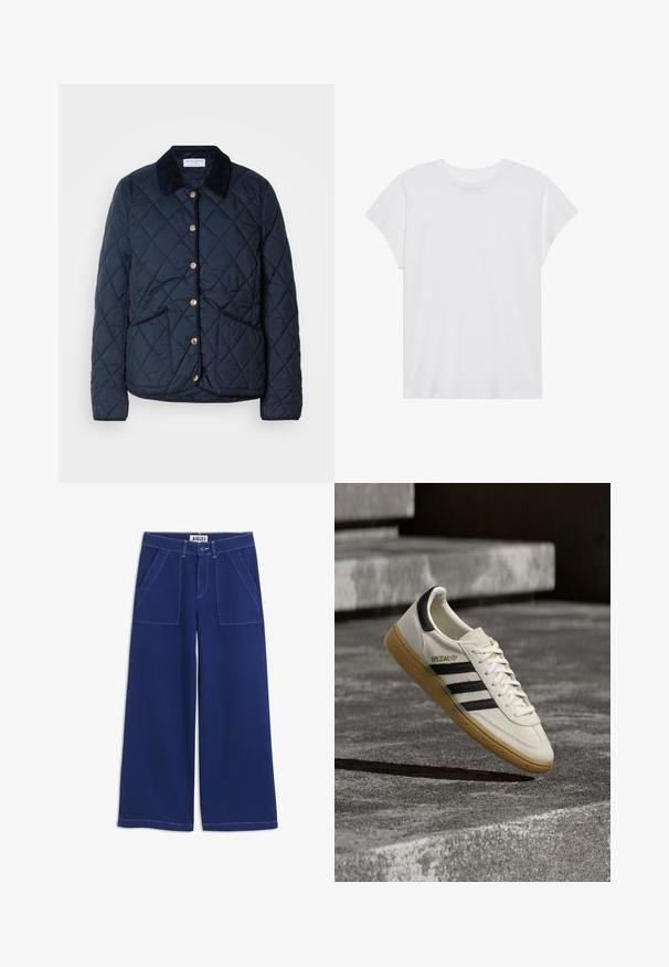 Veste matelassée bleu marine avec col noir, boutons-pression dorés, deux poches frontales et motif de piqûre en losanges.; T-shirt blanc à manches courtes, col rond, coupe décontractée, en tissu de coton doux. Texture lisse, sans motifs ni logos.; Pantalon large bleu marine avec poches plaquées à l'avant, passants de ceinture, fermeture par bouton et coutures blanches visibles sur fond blanc.; Baskets Adidas Spezial blanches avec des rayures noires et une semelle en gomme flottant au-dessus de marches en pierre grises à l'extérieur.