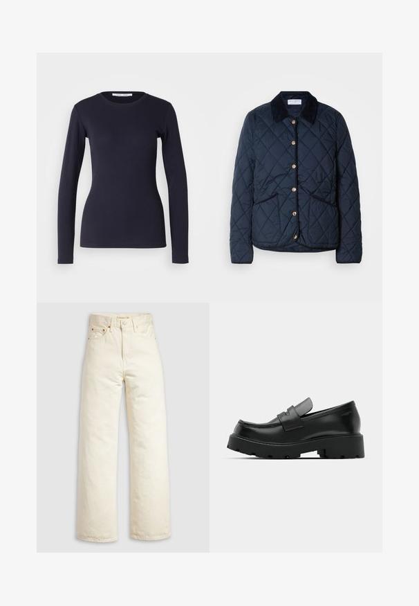 Veste matelassée bleu marine avec col noir, boutons-pression dorés, deux poches frontales et motif de piqûre en losanges.; T-shirt à manches longues navy en coton doux. Présente un col rond, une coupe ajustée et une texture côtelée. Design simple et uni.; Jean à jambes larges en denim écru, doté d'une taille haute, de rivets en cuivre et d'un design classique à cinq poches. Tissu texturé avec des ourlets nets.; Mocassins en cuir noir avec une semelle épaisse et texturée, dotés d'une sangle sur le vamp et d'une finition lisse et polie.