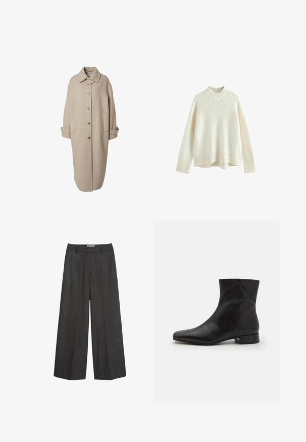 Manteau en laine beige avec un col, fermeture à boutons, deux poches latérales et manches longues. Présente une silhouette droite et allongée.; Pull crème avec un col montant côtelé, des manches longues et une coupe décontractée. Tissu tricoté texturé et détail côtelé en bas.; Pantalons à larges jambes en tissu gris foncé. Présentent une taille cintrée avec passants de ceinture, une texture lisse et des accents de couture minimalistes.; Botte cheville en cuir noir avec un bout pointu, texture lisse, design minimaliste et un petit talon carré. La fermeture éclair sur le côté monte jusqu'à la cheville.