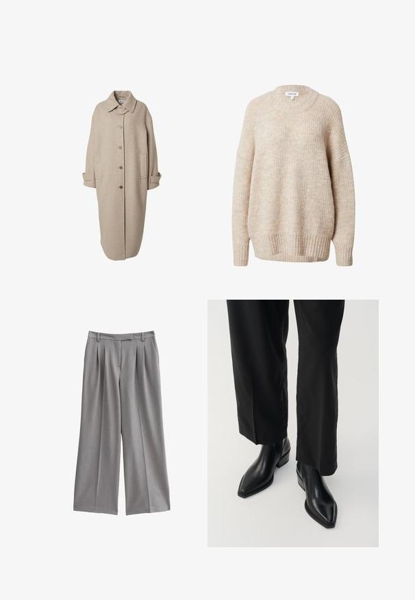 Beige Wollmantel mit Kragen, Knopfleiste, zwei Seitentaschen und langen Ärmeln. Hat eine gerade, verlängerte Silhouette.; Beige gestrickter Pullover mit rundem Halsausschnitt, überschnittenen Schultern sowie gerippten Bündchen und Saum. Merkmale einen strukturierten, leicht lockeren Sitz.; Graue weit geschnittene Hosen mit gefaltetem Vorderteil, aus einem glatten Stoff gefertigt. Sie besitzen einen flachen Bund mit Gürtelschlaufen und seitlichen Taschen.; Schwarze Leder-Ankle-Boots mit spitzer Zehe, glatter Textur und quadratischem Absatz. Kombiniert mit schwarzen, weiten Hosen, die eine elegante Silhouette erzeugen.