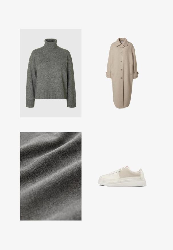 Manteau en laine beige avec un col, fermeture à boutons, deux poches latérales et manches longues. Présente une silhouette droite et allongée.; Pull à col roulé gris fabriqué dans un matériau doux et texturé, avec une coupe décontractée. Présente un col, des poignets et un ourlet côtelés. Design simple.; Tissu gris avec une surface douce et texturée, affichant des motifs subtils formés par de doux plis et rides.; Baskets blanches avec une texture lisse, présentant un panneau latéral gris clair, des lacets et une semelle épaisse. Design propre et minimaliste.