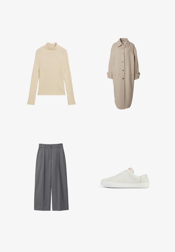Beige wollen jas met een kraaghalslijn, knoopsluiting aan de voorkant, twee zijzakken en lange mouwen. Kenmerkt zich door een rechte, verlengde silhoutte.; Geribbeld gebreide longsleeve top in off-white met een hoge kraag en een slim fit. Heeft een verticale textuur en een cropped zoom.; Grijze wijde broek van soepel materiaal, met een hoge taille, plooien, een knoopsluiting en zijzakken. Minimalistisch ontwerp.; Witte leren sneaker met een lage profiel, ronde neus, platte vetersluiting en witte rubberen zool. Bevat subtiele stiksels en een klein logo.