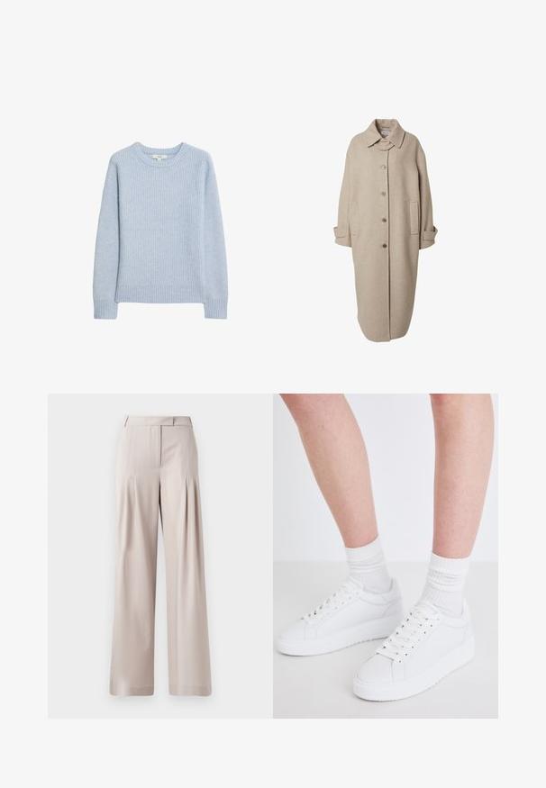 Beige wollen jas met een kraaghalslijn, knoopsluiting aan de voorkant, twee zijzakken en lange mouwen. Kenmerkt zich door een rechte, verlengde silhoutte.; Lichtblauwe geribbelde gebreide trui met een ronde halslijn, verlaagde schouders en geribbelde zoom en manchetten. Zachte textuur en een casual pasvorm.; Beige wijde broek met een zachte textuur, geplooide voorkant en een op maat gemaakte tailleband. Geschikt voor formele of casual gelegenheid.; Copenhagen Studios CPH72 - Sneakers laag - white