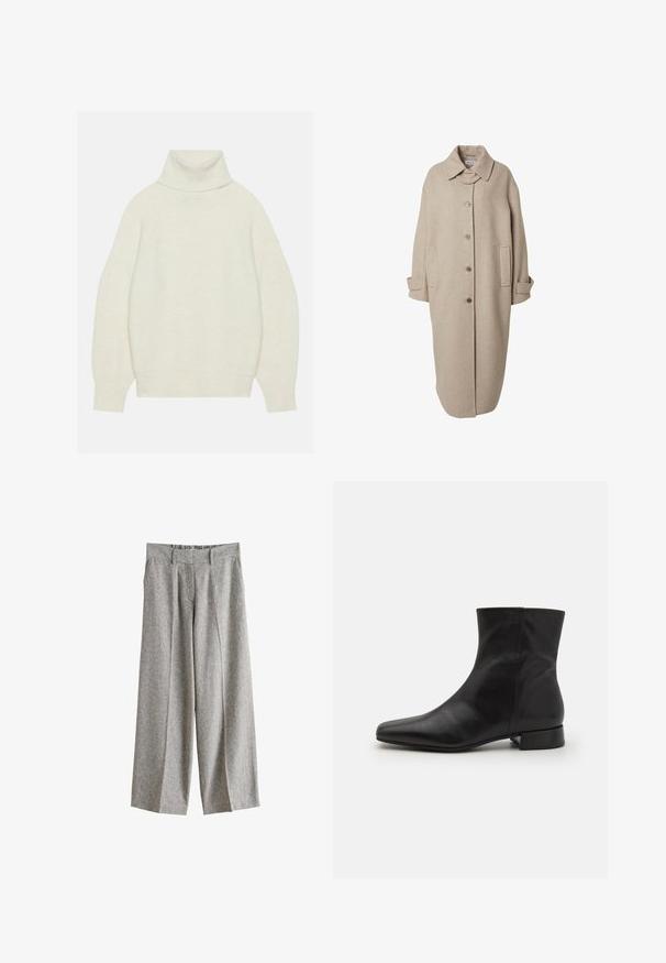 Beige wollen jas met een kraaghalslijn, knoopsluiting aan de voorkant, twee zijzakken en lange mouwen. Kenmerkt zich door een rechte, verlengde silhoutte.; Romper met col in crèmekleur, gemaakt van zacht breimateriaal. Beschikt over een ontspannen pasvorm, raglanmouwen en geribde manchetten en zoom.; Grijze wijde wollen broek met ceintuurlussen, plooien aan de voorkant en zijzakken, afgebeeld tegen een witte achtergrond.; Zwarte leren enkelboot met een spitse neus, gladde textuur, minimalistisch ontwerp en een lage blokhak. Zijrits gaat tot de enkel.