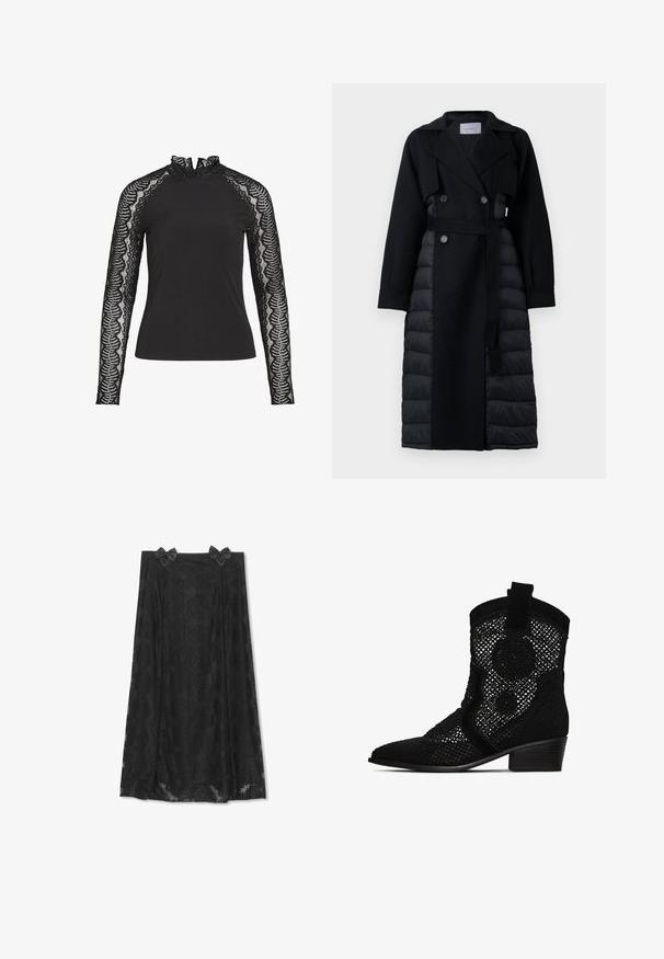 Sort frakke med dobbeltbrystet design, med en uldtop og en puffy, quiltet nederste sektion. Inkluderer et matchende bælte og reverskrave.; Sort langærmet top med høj flæsekrave og laceskaber med en bølget mønster, lavet af et glat stof.; Sort blonde nederdel med blomsterprint, der har to satinbånd i taljen. Strømlinet design, tekstureret stof og knælangt snit.; Sort ankelstøvle med et tekstureret, vævet mesh-design, spidse tæer og en lav blokhælt. Accenter inkluderer blomstermønstre og en suede-foring.