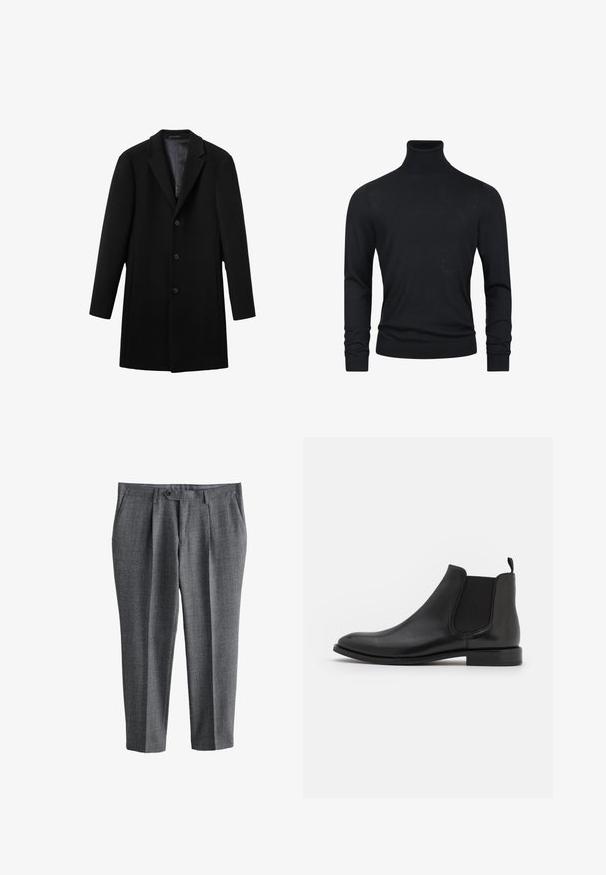 Sort uldfrakke med spidse klapper, fem-knaps front og to sidelommer. Glat indvendig for og skræddersyet pasform, mellemlang længde.; Sort turtleneck sweater med lange ærmer, lavet af et glat strikstof, med ribbede manchetter og søm for et tætsiddende udseende.; Grå skræddersyede herrebukser med frontknap og lynlås, sidelommer og lige ben pasform.; Sorte læder Chelsea støvle med elastiske sidepaneler, en rund tå og en lav hæl. Glat tekstur med et minimalistisk design.