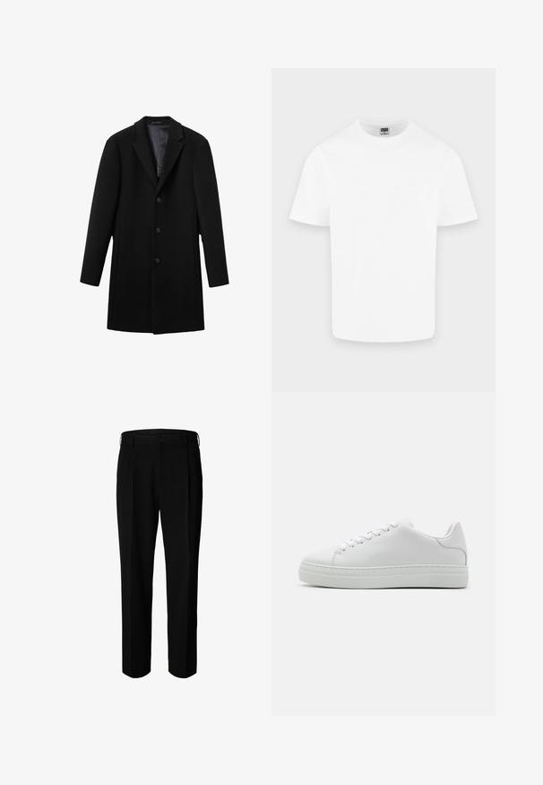 Schwarzer Wollmantel mit Reverskragen, fünf Knöpfen an der Vorderseite und zwei Seitentaschen. Glatte Innenseite und taillierte Passform, mittlere Länge.; Schlichtes weißes Baumwoll-T-Shirt mit kurzen Ärmeln und Rundhalsausschnitt, dargestellt auf hellem grauem Hintergrund.; Schwarze formelle Hose mit Gürtelschlaufen, Frontknopf und Reißverschluss, vor weißem Hintergrund dargestellt.; Weiße Ledersneaker mit einer klobigen Plattformsohle, runder Zehenpartie und sechs Ösen. Glatte Textur mit subtilen Stichdetails.