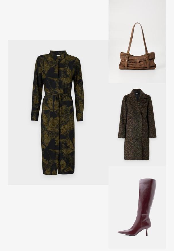 Abrigo de estampado de leopardo en tonos de verde y marrón, con cuello con muesca, mangas largas y un corte relajado. Tejido de textura suave.; JDY JDYLIZA SHIRT DRESS - Vestido camisero - winter moss; Bota de cuero burdeos hasta la rodilla con punta afilada, acabado brillante y tacón de aguja delgado. Textura suave con una silueta elegante.; Even&Odd Bolso de mano - brown