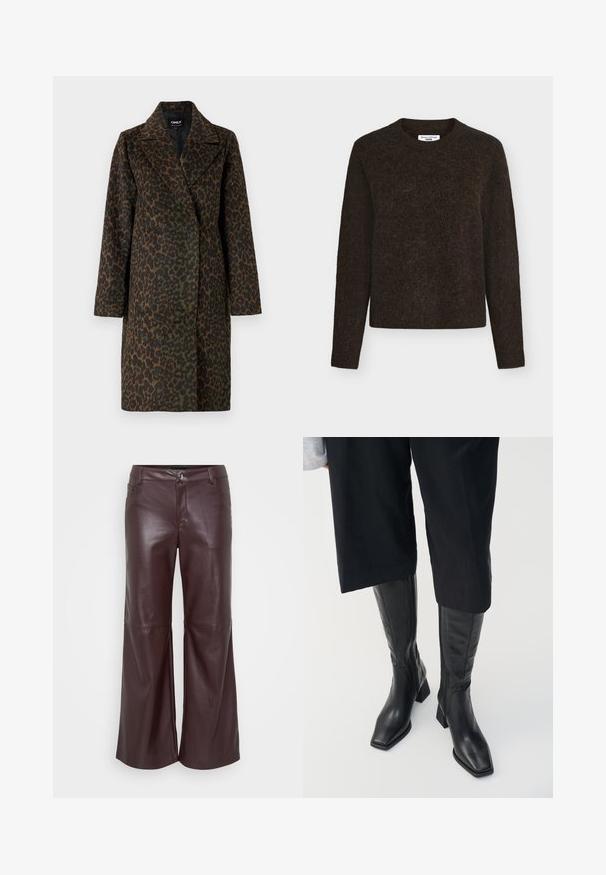 Leopardmønstret frakke i nuancer af grøn og brun, med en klippet krave, lange ærmer og en afslappet pasform. Blødt tekstureret stof.; Mørkebrun crewneck-trøje lavet af et blødt, tekstureret materiale. Har lange ærmer og en afslappet pasform med let fnugget overflade.; Bordeaux læder brede bukser med en glat tekstur, der har en frontlukning med knap, bæltestropper og to sidelommer.; Sorte læder støvler til knæene med firkantet tå og blokhælc. Har en sidezipper og glat tekstur.