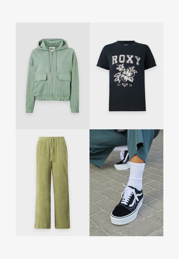Mintgroene ritshoodie van zachte stof, met een trekkoordkap, twee voorzakken en een gathered zoom.; Zwarte katoenen t-shirt met de tekst "ROXY" in het wit, voorzien van een bloemenontwerp en een hartsymbool. Korte mouwen en een relaxte pasvorm.; Groene corduroybroek met een wijde pijpdesign, elastische tailleband en aansnoerdetail. Verticale ribbels in de stof creëren textuur.; Zwarte suède sneaker met witte accenten en veters, uitgerust met een dikke witte zool en contrasterende stiksels, gecombineerd met een witte sok.