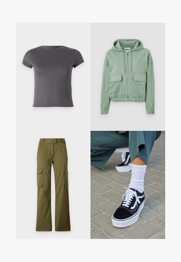 Mintgrüner Reißverschluss-Hoodie aus weichem Stoff, mit einer Kapuze mit Kordelzug, zwei Fronttaschen und einem gerafften Saum.; Graues T-Shirt mit kurzen Ärmeln aus glattem Stoff, rundem Ausschnitt und taillierter Form ohne sichtbare Muster oder Akzente.; Olivgrüne Cargo-Hose aus Baumwollmischung, mit geradem Bein, zwei seitlichen Taschen und einem Knopfverschluss am Bund.; Schwarze Wildledersneaker mit weißen Akzenten und Schnürsenkeln, ausgestattet mit einer dicken weißen Sohle und kontrastierenden Nähten, kombiniert mit einer weißen Socke.