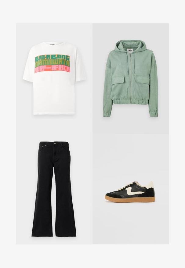 Mintgrøn zip-up hoodie lavet af blødt stof, med en hætte med snor, to frontlommer og en samlet kant.; Hvid t-shirt med korte ærmer og retro blokbogstaver, der står "BILLABONG MAMIWATA SURF AFRICA" i orange, grøn og pink.; Sorte højtaljede denimjeans med fem lommer og bredde ben, vist på en hvid baggrund.; Sorte ruskinds- og lædersneakers med en cremefarvet side-swoosh og lys cremefarvet hæl. Har beige snørebånd og en gummirubber-sål.