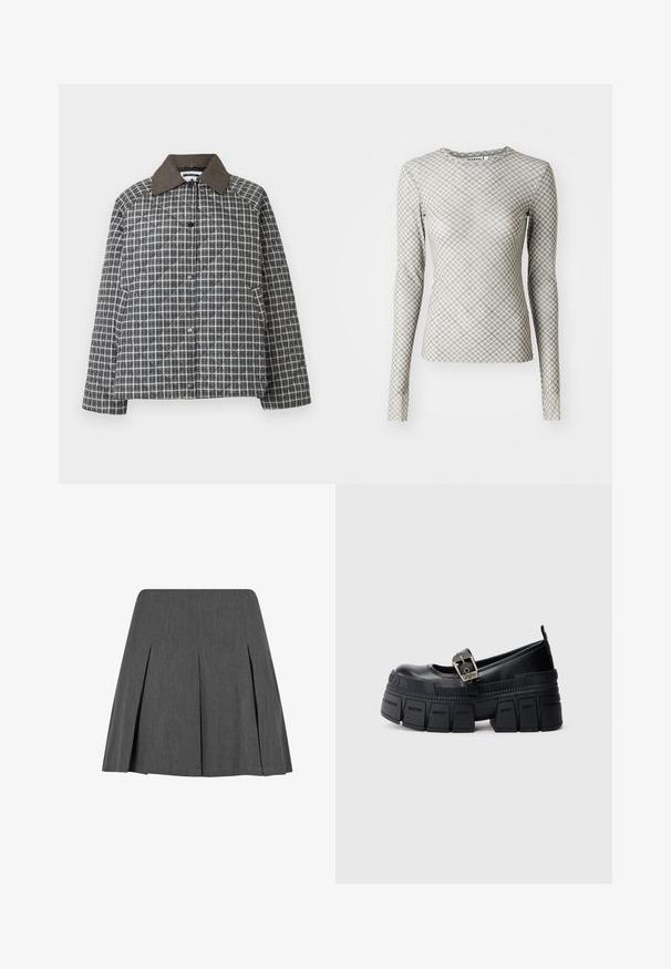 Veste matelassée à motif à carreaux gris et blanc, dotée d'un col en velours côtelé marron, de boutons-pression et d'une coupe décontractée avec manches longues.; T-shirt à manches longues en gris clair avec un motif géométrique en losanges gris foncé et des accents verts, doté d'un col rond et d'une coupe ajustée.; Jupe plissée grise au design structuré, fabriquée à partir d'un tissu lisse. Présente un ourlet droit et une texture subtile. Pas de matériel visible.; Chaussures à plateforme noires avec un bout rond, dotées d'une boucle argentée et d'une semelle texturée au design épais distinctif.