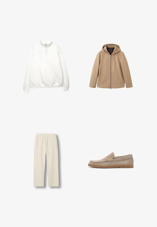 Beige hættetrøjejakke lavet af blødt stof, med frontlynlås, to sidelommer og en løs pasform. Glat tekstur, minimalistisk design.; Hvid langærmet pullover med ribstrikkede manchetter og kant, med høj krave og forreste kvart-lynlås.; Kremfarvede ribstrikkede bukser med elastisk talje og sidelommer, lige ben design på en ensfarvet hvid baggrund.; Beige loafers i ruskind har en glat overflade, rund tå, syningsdetaljer og en gummisål for fleksibilitet. Brandingen er diskret placeret.