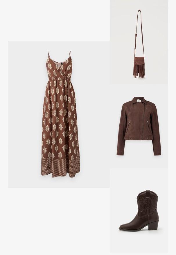 Chaqueta de motociclista de ante marrón con cremallera frontal, cuello con botones a presión, dos bolsillos laterales con cremallera y detalles de botones en el dobladillo. Textura suave.; Vestido maxi marrón con tirantes finos, que presenta patrones de hojas beige y un acento en zigzag en el dobladillo. Hecho de tela ligera.; Botas de cowboy de cuero marrón con puntas afiladas, patrones de alas en relieve, un tacón bloque de altura media y una tira en la parte trasera.; Bolso bandolera de ante marrón con correa larga, patrón decorativo cosido en la solapa y flecos colgantes a lo largo del borde inferior.
