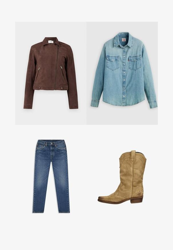 Veste de moto en daim marron avec un zip à l'avant, un col à pression, deux poches latérales avec zip et des accents de bouton sur l'ourlet. Texture lisse.; Chemise en denim bleu clair avec un col classique, une fermeture à boutons sur le devant, deux poches poitrine, des poignets boutonnés et un ourlet légèrement arrondi.; Jean en denim bleu avec une coupe droite, présentant un système de fermeture à bouton et à glissière, cinq poches et un léger effet délavé.; Botte de cowboy en suède brun clair avec un bout pointu, des motifs de couture surélevés, un petit talon empilé et une lanière en haut pour un enfilage facile.
