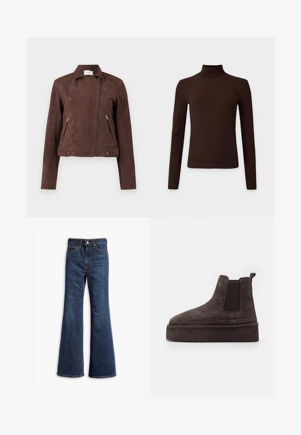 Veste de moto en daim marron avec un zip à l'avant, un col à pression, deux poches latérales avec zip et des accents de bouton sur l'ourlet. Texture lisse.; Haut à col roulé côtelé marron foncé à manches longues avec silhouette ajustée sur fond clair uni.; Jeans en denim bleu foncé taille haute avec jambes évasées, fermeture à boutons et zip à l'avant, et conception à cinq poches.; Bottes Chelsea en suède marron avec des panneaux latéraux élastiques et une semelle épaisse et texturée. Elles comportent une languette au talon pour un enfilage facile.