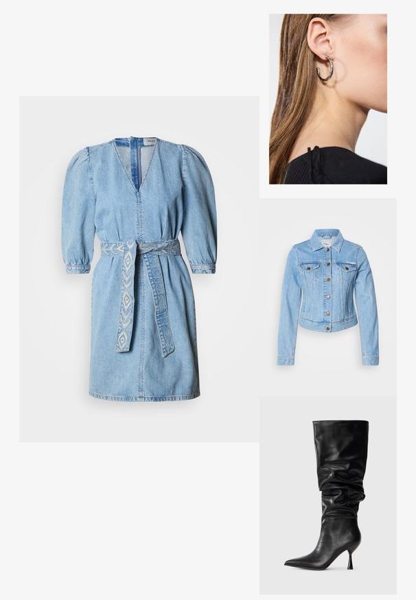 Lyseblå denimjakke med figursyet design, knaplukning, to brystlommer og klassisk krave. Karakteristisk syningsdetalje.; Denimkjole i lyseblå med V-udskæring, puffede ærmer og et mønstret vævet bælte. Har en sømfri lukning bagpå og er knælængde.; Sorte læderknehøje støvler med en slouchy design, spidse tæer og en tynd stiletto hæl, med en glat tekstur og minimal udsmykning.; Sølv hoop ørestik med en poleret overflade, prydet med små guld accenter og en rund form, båret på øreflippen.