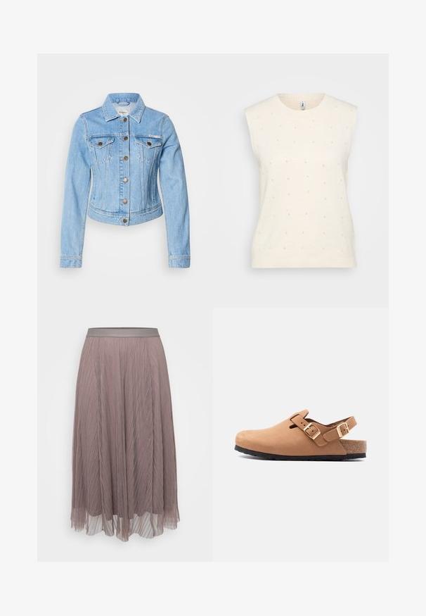 Hellblaue Jeansjacke mit tailliertem Design, Knopfverschlüssen, zwei Brusttaschen und klassischem Kragen. Auffällige Ziernaht.; Ärmelloser cremefarbener Pullover mit rundem Ausschnitt, der gleichmäßig über den Stoff verteilte kleine dekorative Perlen aufweist. Weiche Textur.; Falten-midi-Rock in sanftem Mauve, mit einem glatten Sat biedt. Leichtes, fließendes Material mit vertikalen Linien und durchsichtigen Schichten.; Sandale im Clog-Stil aus cognacfarbenem Leder mit verstellbaren goldfarbenen Schnallen, Korkfußbett und schwarzer Gummisohle, seitlich auf weißem Hintergrund dargestellt.