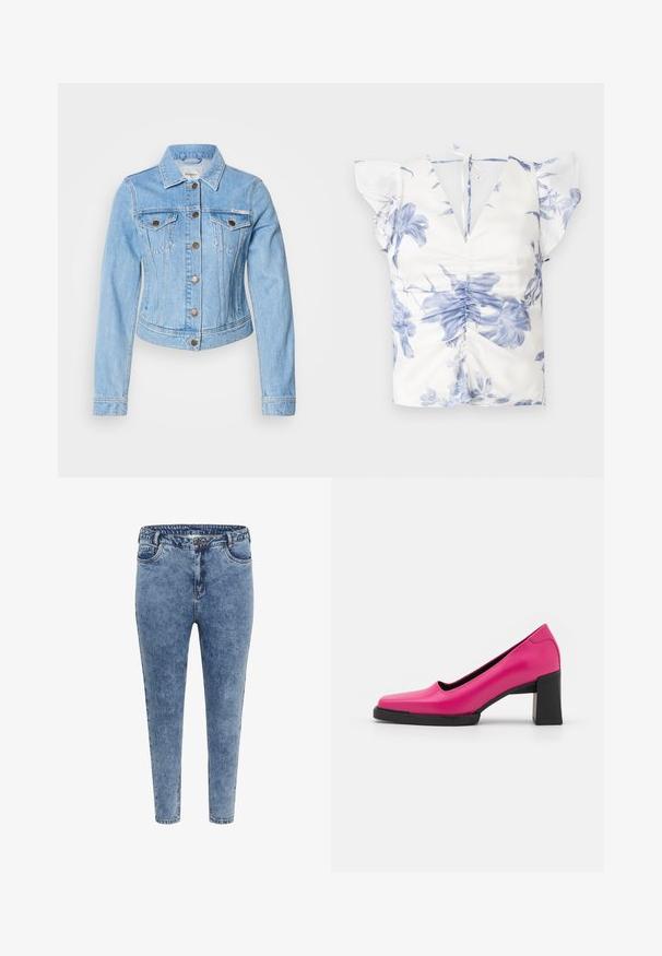 Hellblaue Jeansjacke mit tailliertem Design, Knopfverschlüssen, zwei Brusttaschen und klassischem Kragen. Auffällige Ziernaht.; Blumenbluse mit blau-weißer Druck, kurzen Rüschensäumen, tiefem V-Ausschnitt und gerafftem Vorderteil mit Knotenverschluss im Rücken.; Blaue Skinny Jeans aus Denim mit hoher Taille, fünf Taschen und einem Reißverschluss. Der Stoff hat eine leicht ausgewaschene Textur mit kontrastierenden Nähten.; Rosa Leder High Heels mit quadratischer Spitze, glatter Oberfläche und einem stabilen, klobigen schwarzen Absatz. Schlichtes Design, ohne Verzierungen.