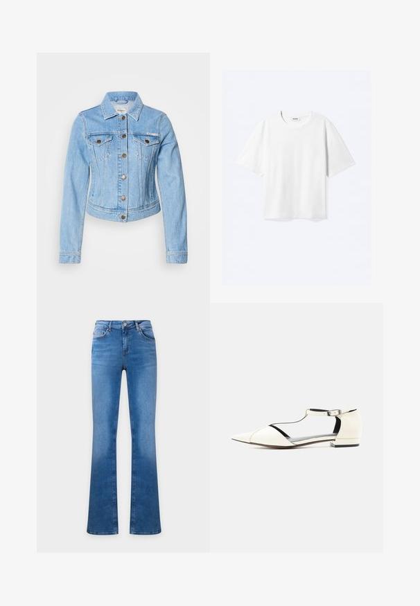 Hellblaue Jeansjacke mit tailliertem Design, Knopfverschlüssen, zwei Brusttaschen und klassischem Kragen. Auffällige Ziernaht.; Weißes T-Shirt mit kurzen Ärmeln und Rundhalsausschnitt mit geradem Saum, innen mit gebrandetem "WEEKDAY"-Label am Kragen.; Blaue Denim-Jeans mit hoher Taille und ausgestellten Beinen, mit Vorder- und Gesäßtaschen sowie Knopfverschluss.; Weißer flacher Schuh mit spitzer Kappe, T-Riemen und Knöchelriemen, niedriger Absatz und ausgeschnittenen Seiten, auf neutralem Hintergrund präsentiert.
