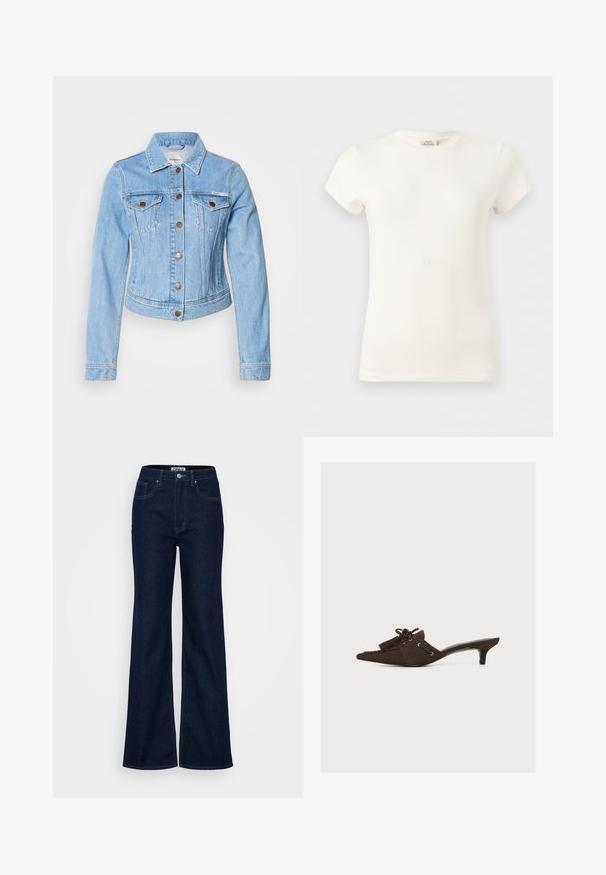 Lyseblå denimjakke med figursyet design, knaplukning, to brystlommer og klassisk krave. Karakteristisk syningsdetalje.; Almindelig hvid kortærmet rundhalset bomulds-T-shirt vist på en lysegrå baggrund.; ONLY Tall ONLJUICY WIDE RINSE - Wide leg - dark blue denim; Brun ruskind mule-sko med lav kattehæl, spids tå, kvast og blonderdetalje på en ensfarvet lys baggrund.