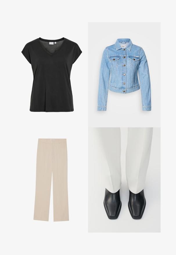 Lyseblå denimjakke med figursyet design, knaplukning, to brystlommer og klassisk krave. Karakteristisk syningsdetalje.; Sort T-shirt med V-hals og kasketærmer, lavet af blødt materiale, med en afslappet pasform og minimal syningsdetalje.; Beige vide ben bukser med en glat tekstur, der har en skræddersyet pasform, to forlommer og diskrete folder langs benene.; Sorte læder ankelstøvler med spids tå og lav stableret hæl, parret med hvide vidde bukser. Glat tekstur, elegant design.