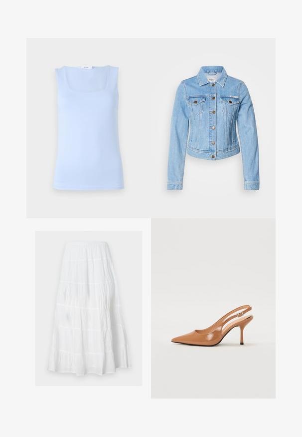Hellblaue Jeansjacke mit tailliertem Design, Knopfverschlüssen, zwei Brusttaschen und klassischem Kragen. Auffällige Ziernaht.; Helles blaues ärmelloses Oberteil mit quadratischem Ausschnitt, aus glattem Stoff gefertigt, mit einer taillierten Passform und einer minimalistischen Silhouette.; Weißer gestufter Maxirock mit geraffter Textur und elastischem Bund, entworfen für eine fließende, legere Passform.; Spitz zulaufender Slingback-Absatz aus einem glatten, glänzenden, tanfarbenen Material. Mit einem geschwungenen Ausschnitt-Design und einem schlanken Stiletto-Absatz. Silberne Schnallendetails.