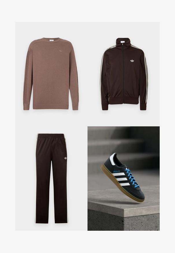 Veste de survêtement zippée marron foncé avec trois bandes blanches le long des manches et un petit logo Adidas trèfle blanc sur la poitrine.; Pull en tricot marron avec un col rond, un ourlet côtelé et des détails en tresses texturées le long des épaules. Il présente un petit logo sur la poitrine.; Pantalon de survêtement Adidas noir avec taille élastique, bandes blanches sur les côtés, poches zippées et petit logo trèfle sur la cuisse gauche.; Baskets Adidas noires avec des rayures blanches, des lacets bleus et une semelle en gomme flottant au-dessus d'une marche en béton grise sous une lumière douce.