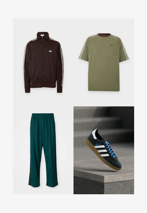 Tmavohnedá mikina so zipsom, s tromi bielymi pruhmi pozdĺž rukávov a malým bielym logom Adidas trefoil na hrudi.; Olivovo zelené tričko s krátkym rukávom, bordovým rebrovaným golierom, tromi bielymi pruhmi na ramenách a malým logom na hrudi.; Tmavozelené športové nohavice s elastickým pásom, rovnými nohavicami a čiernymi bočnými pruhmi. Vyrobené z mäkkého, elastického materiálu.; Čierna teniska Adidas s bielymi pruhmi, modrými šnúrkami a gumovou podrážkou, ktorá sa vznáša nad sivým betónovým schodom v mäkkom svetle.