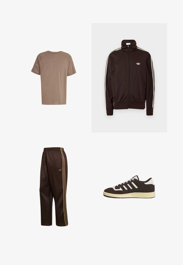 Dunkelbraune Trainingsjacke mit Reißverschluss, weißen drei Streifen entlang der Ärmel und kleinem weißem Adidas-Trefoil-Logo auf der Brust.; adidas Originals TEE - T-Shirt basic - earth strata; Braune Adidas Trainingshose mit elastischem Bund und goldenen Drei-Streifen-Details an den Seiten, mit dem Adidas-Trefoil-Logo auf einem Bein.; Schwarzer und weißer Adidas-Sneaker in niedrigem Schnitt mit Wildleder-Overlays, drei seitlichen Streifen, weißen Schnürsenkeln und beiger Gummisohle.