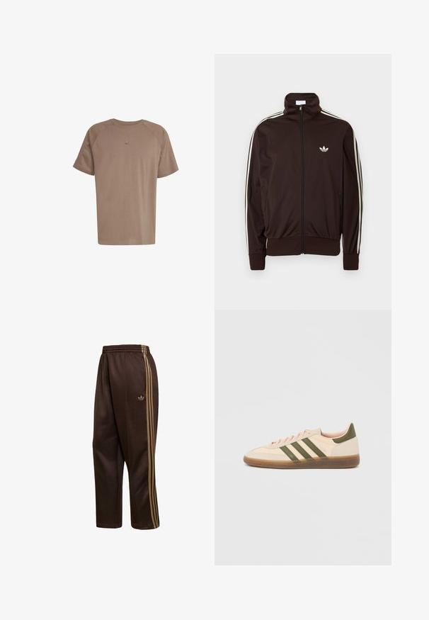 Mørkebrun trackjakke med lynlås, hvide tre striber langs ærmerne og et lille hvidt Adidas trefoil-logo på brystet.; adidas Originals TEE - T-shirts basic - earth strata; Brune Adidas træningsbukser med elastisk talje og gulddetaljer med tre striber langs siderne, med Adidas trefoil-logo på det ene ben.; Beige Adidas Spezial sneaker med lav profil, grønne striber, gummisål og "SPEZIAL"-branding på siden, vist fra ydersiden.