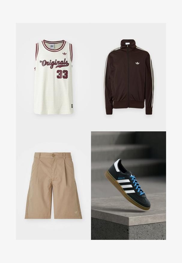 Tumepruun tõmblukuga spordijakk, mille varrukaid kaunistavad valged kolm triipu ja rinnal on väike valge Adidas'i lehtlogo.; Valge võrkkangas sansleeve jersey maroon aktsentidega, tekstiga "The Originals", number 33 ja väike logo vasakul rinnal.; Beežist puuvillased lühikesed püksid sirge lõikega, ees voldid ja ühe nööbi kinnitusega. All vasakul on peene logo.; Must Adidas toss valgete triibu, siniste paelte ja kummist tallaga, hõljuv pehme valgusega halli betoonastme kohal.