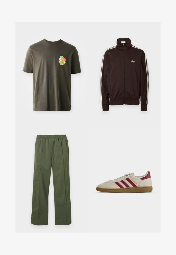 Chaqueta deportiva marrón oscuro con cremallera, con tres franjas blancas a lo largo de las mangas y un pequeño logo blanco de trébol de Adidas en el pecho.; Camiseta de algodón verde oliva oscura con cuello redondo. Presenta un diseño impreso colorido de formas circulares en el área del lado izquierdo del pecho.; Pantalones verdes, ligeros y de pierna ancha con cintura elástica y bolsillos laterales. Textura suave con un ajuste holgado, diseñados para la comodidad.; Zapatilla beige Adidas Spezial con tres franjas burdeos, lengüeta trasera burdeos, suela de goma y texto dorado "Spezial" en el lateral.