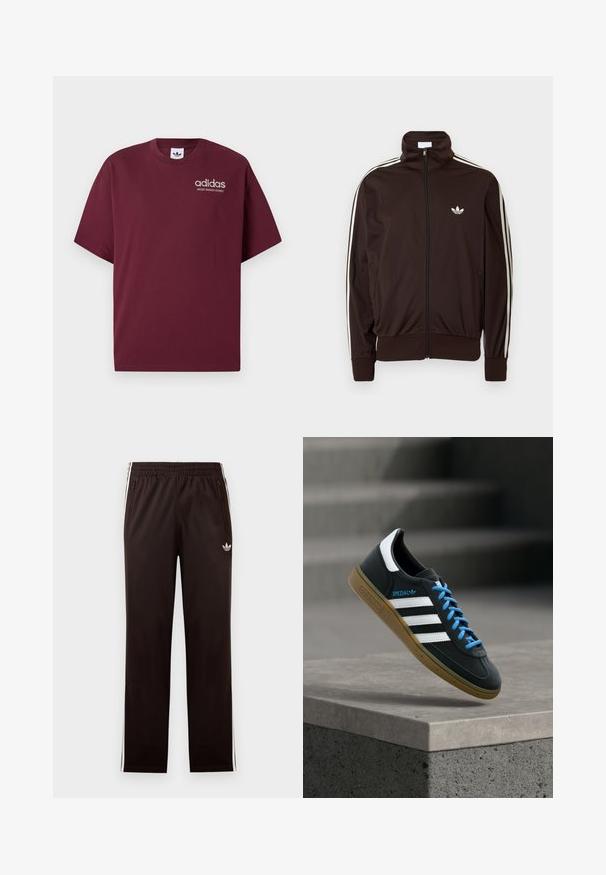 Chaqueta deportiva marrón oscuro con cremallera, con tres franjas blancas a lo largo de las mangas y un pequeño logo blanco de trébol de Adidas en el pecho.; Camiseta de manga corta burdeos hecha de algodón. Presenta un cuello redondo y un pequeño logo blanco de "adidas" con "SPORT DESIGN STUDIO" debajo.; Pantalones de entrenamiento negros de Adidas con cintura elástica, rayas laterales blancas, bolsillos con cremallera y un pequeño logo de trébol en el muslo izquierdo.; Zapatilla negra Adidas con franjas blancas, cordones azules y suela de goma flotando sobre un escalón de hormigón gris con luz suave.